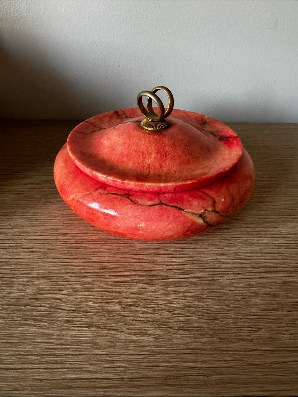 Marbled Coral Stone Trinket Box with Brass Loop Handle
